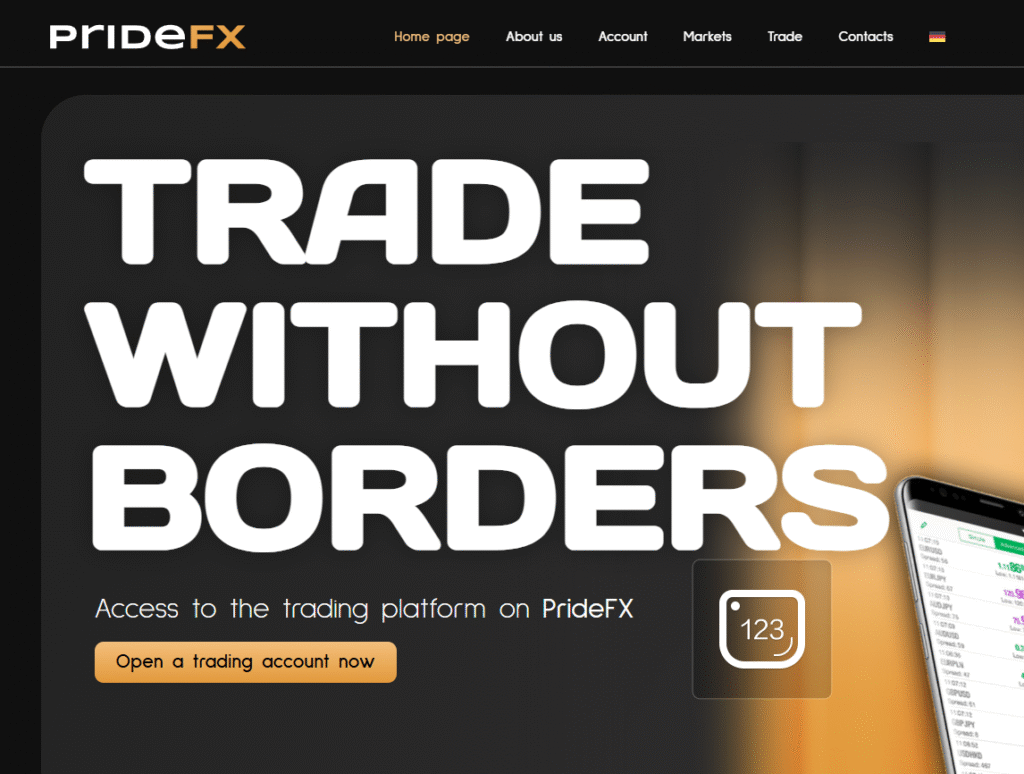 PRIDEFX Website Screenshot Unlicensed for Financial Tradnig